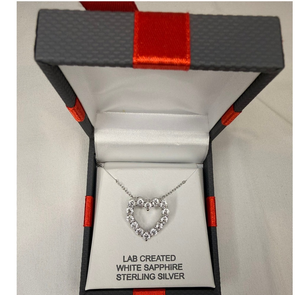 Heart Necklace White Sapphire Sterling Silver Pendant Women 18"